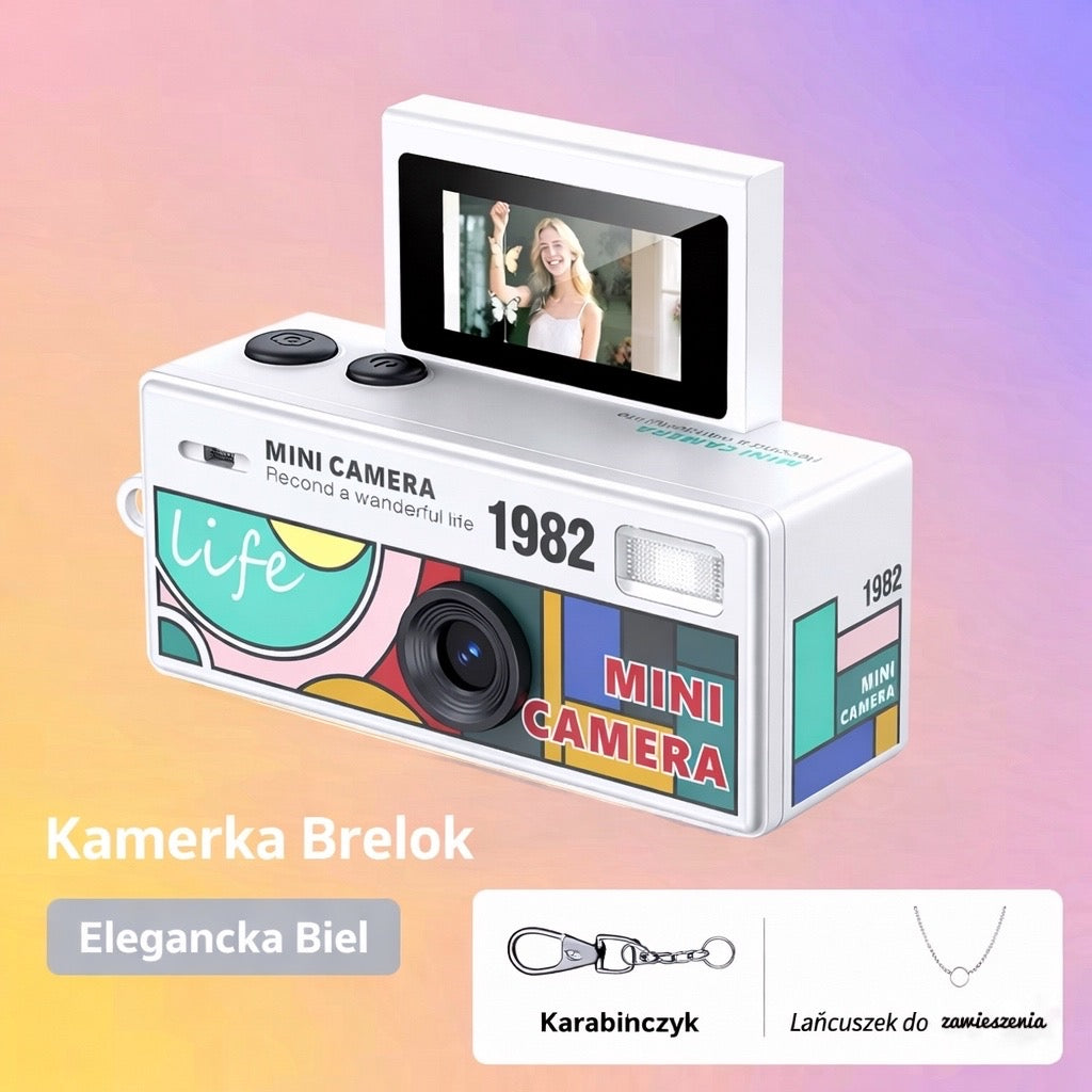Retro 1982 Kamerka Brelok – Mini Aparat Cyfrowy CCD z Obracanym Ekranem Selfie, Stylowy Brelok & Kamera Podróżna